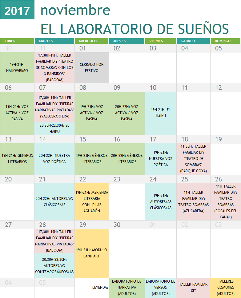 Calendario Talleres Noviembre 2017