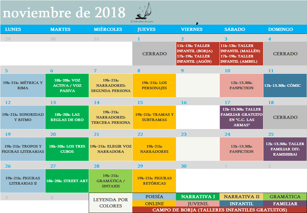 Calendario noviembre 2018