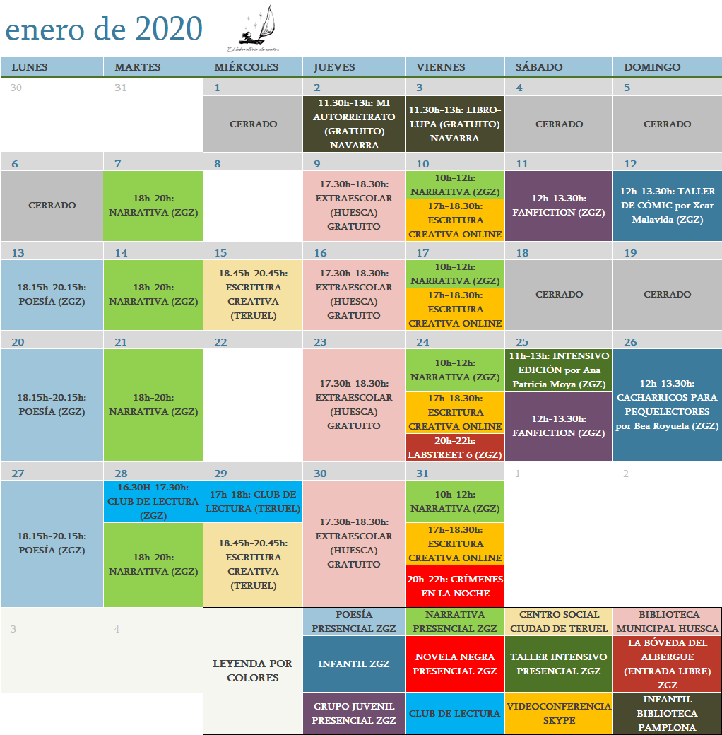 Calendario enero 2020