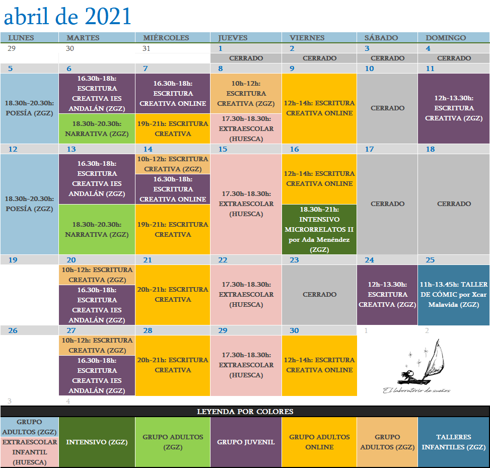 Calendario de talleres: abril 2021 – El Laboratorio de Sueños